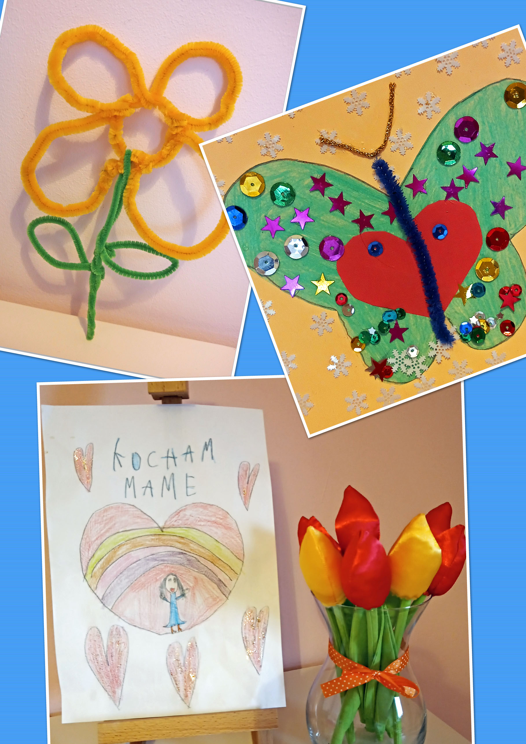 dziecięca praca plastyczna, rysunek serca, papierowy motyl, kwiatek z drucików